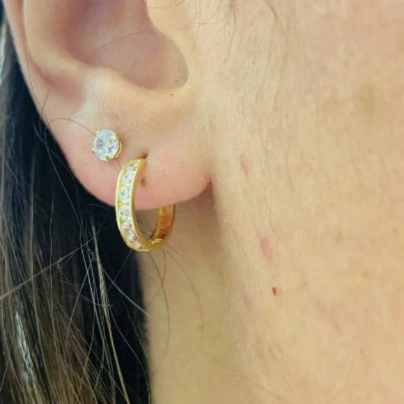 CZ Stud & Huggies Hoop Earrings Double Earrings for Women's Men's 14K Solid Gold - Picture 5 of 5
